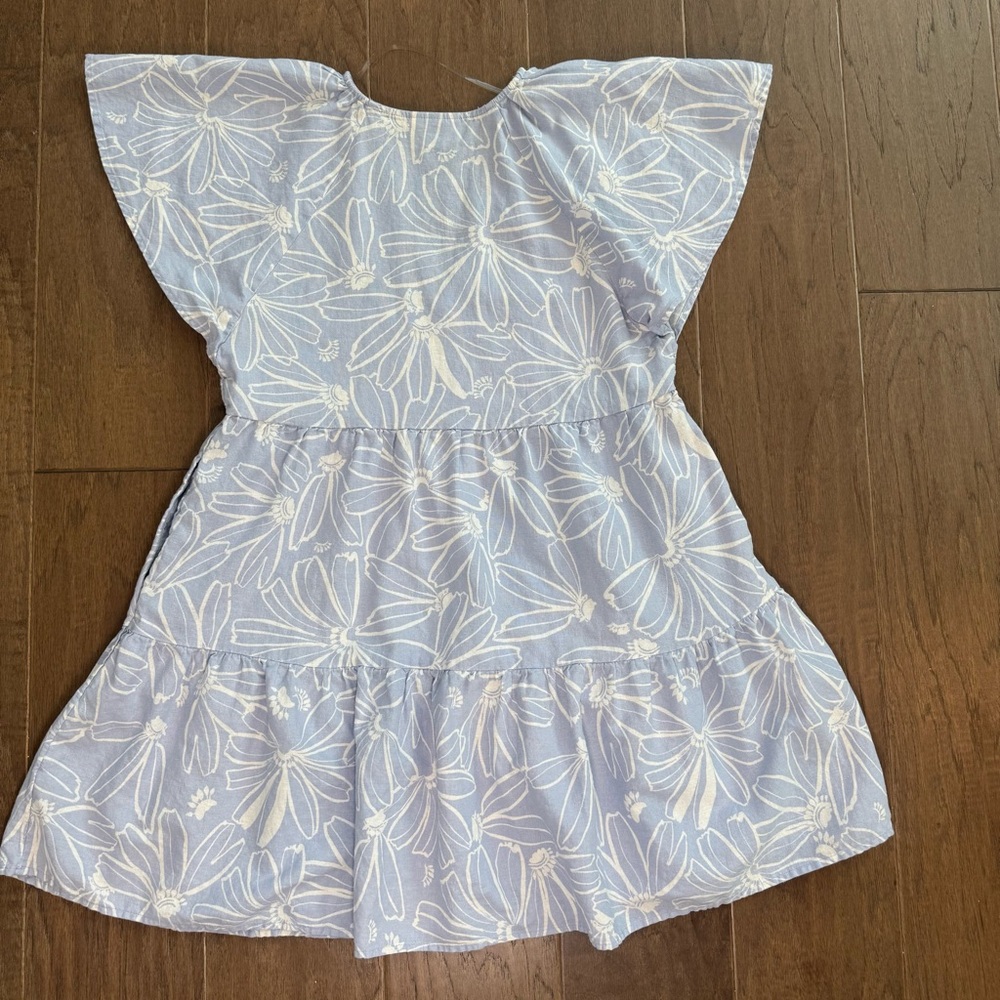 Flirty Floral Blue and White Linen-Blend Mini Dress with Ruffles - Picture 2 of 10